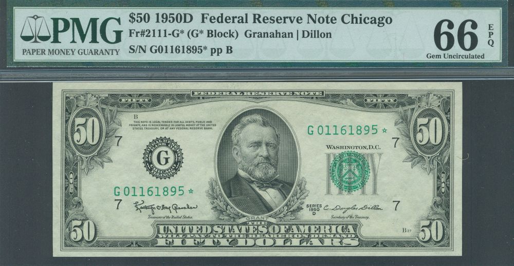 Fr.2111-G*, 1950D $50 Chicago Star Note, G01161895*, Gem CU, PMG66-EPQ